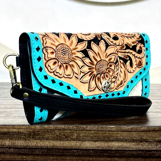 Women western tooled leather wristlet clutch Blue