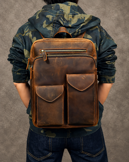 Dark Brown Leather Backpack in Crazy Horse Cowhide with Front Pockets
