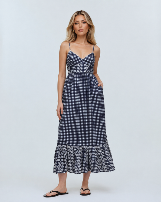 Grey Gingham Maxi Dress with Spaghetti Straps and Ruffle Hem