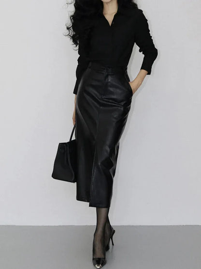 Women’s Genuine Leather Midi Skirt with Front Slit