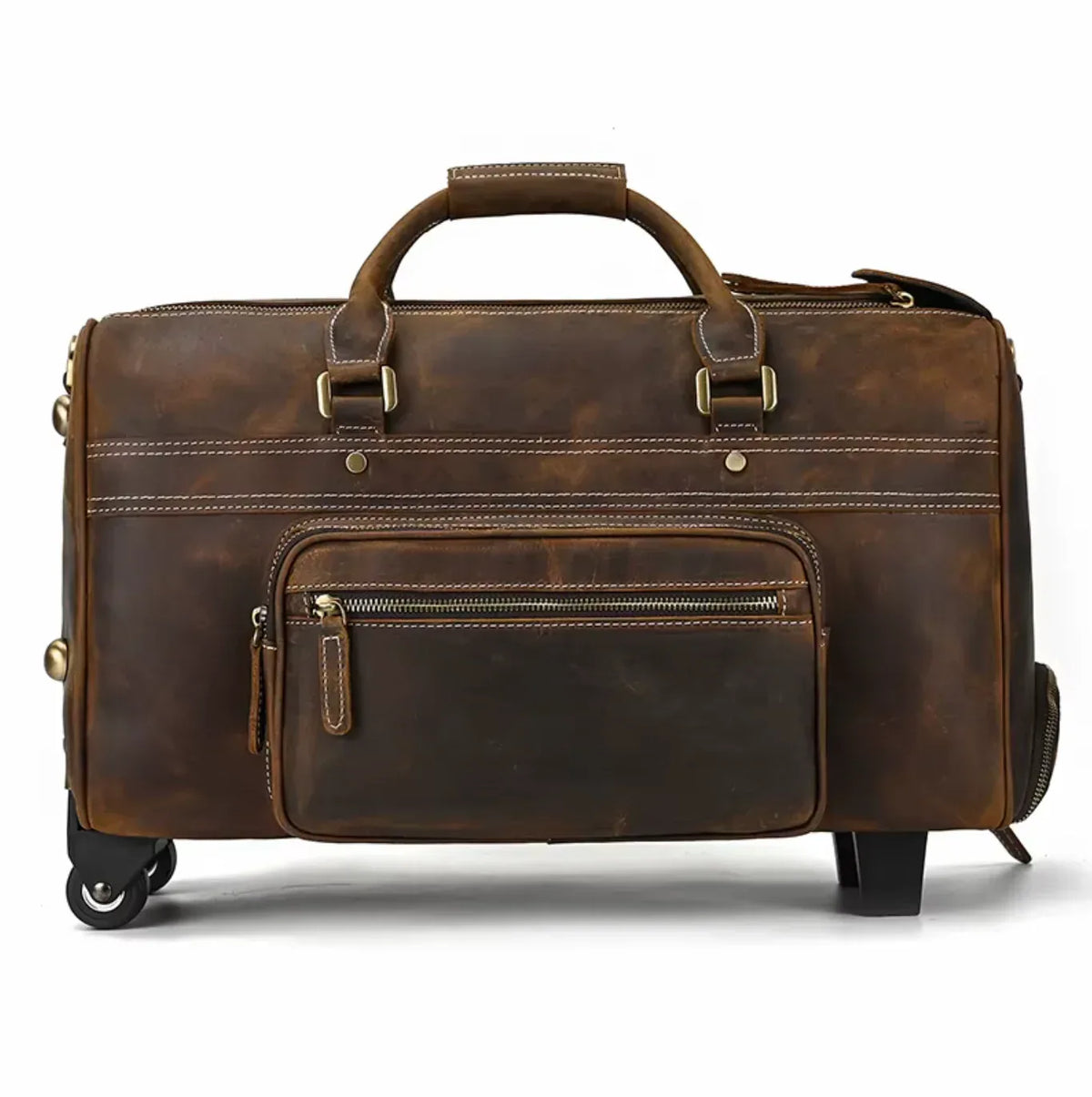 Leather Duffle Bag With Wheels Dark Brown Rolling Travel Bag