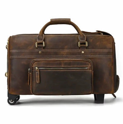 Leather Duffle Bag With Wheels Dark Brown Rolling Travel Bag