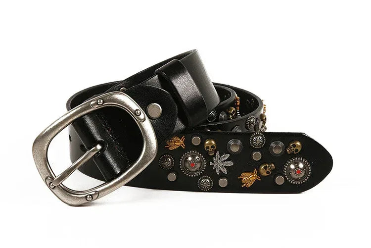 Studded Leather Belt with Skull and Bee Rivets