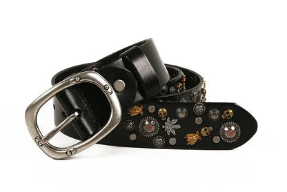 Studded Leather Belt with Skull and Bee Rivets