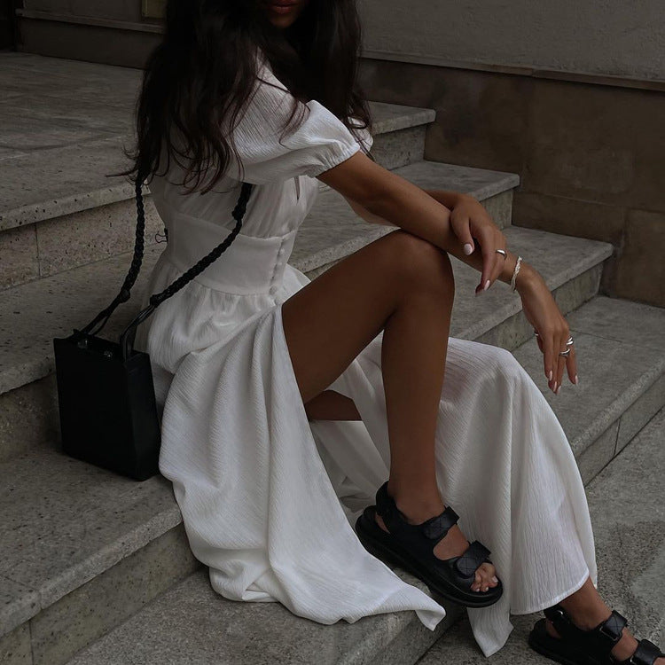 White deep v puff sleeve maxi dress