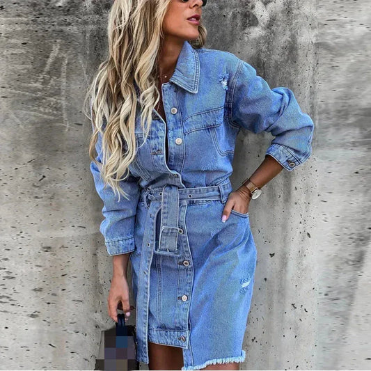 Denim Dress with Belt and Long Sleeves