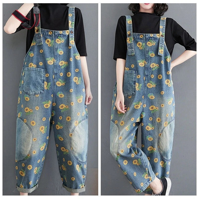 Womens denim jumpsuit with sunflower print overalls