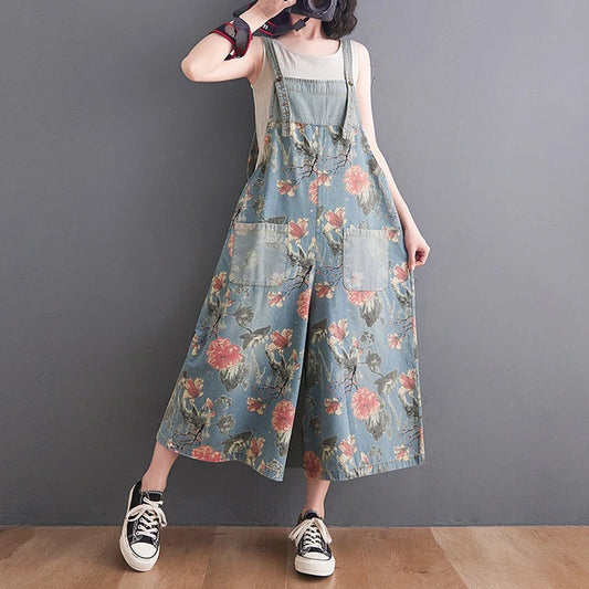 Floral denim overalls for women wide leg suspender pants 1 M
