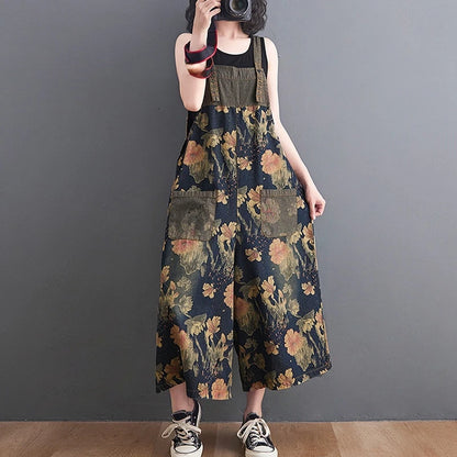 Floral denim overalls for women wide leg suspender pants