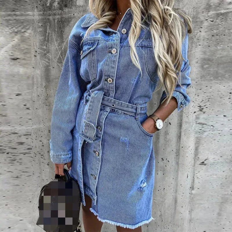 Denim Dress with Belt and Long Sleeves