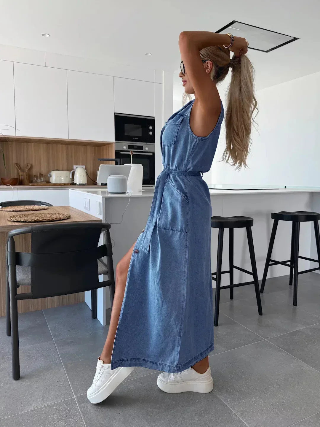 Light Blue Denim Maxi Dress with Tie Waist