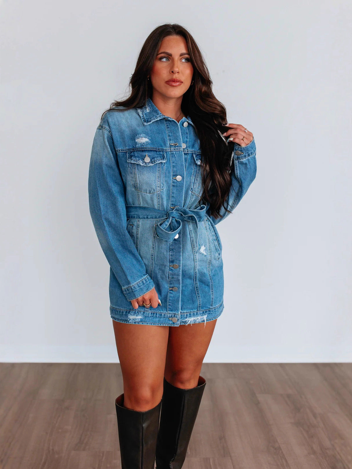 Belted distressed denim jacket dress