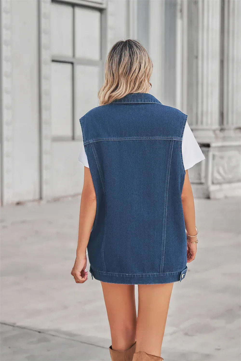 Aztec Pattern Blue Denim Vest Women’s Loose Fit With Collar
