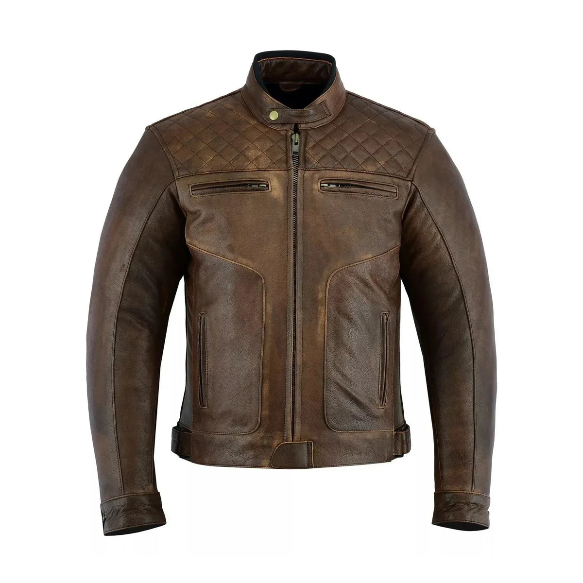 Distressed Leather Jacket for Men in Antique Brown Cafe Racer Style