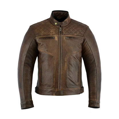 Distressed Leather Jacket for Men in Antique Brown Cafe Racer Style