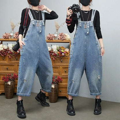 Distressed denim overalls women loose fit adjustable
