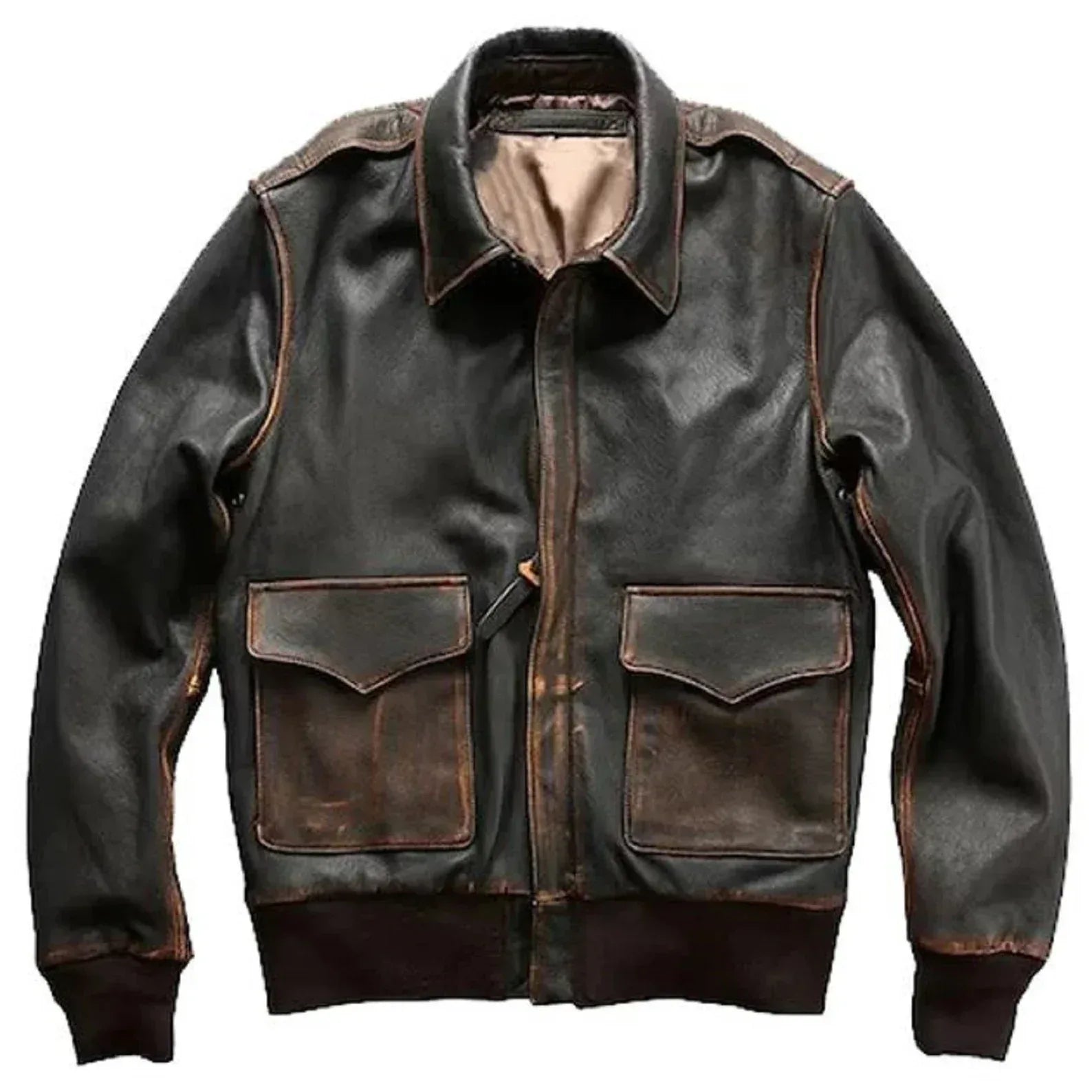 Distressed leather bomber jacket mens genuine leather black
