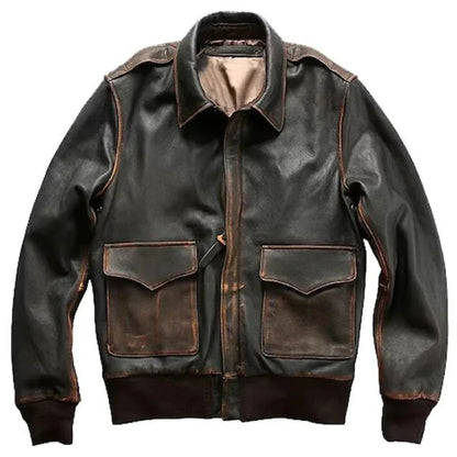 Distressed leather bomber jacket mens genuine leather black