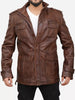 Distressed brown leather jacket men with stand collar, multiple utility pockets and classic vintage field styling.