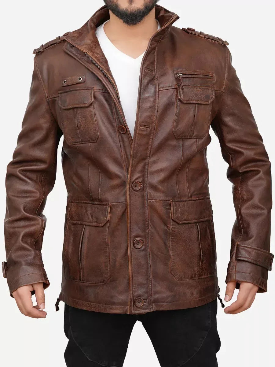 Distressed brown leather jacket men with stand collar, multiple utility pockets and classic vintage field styling.