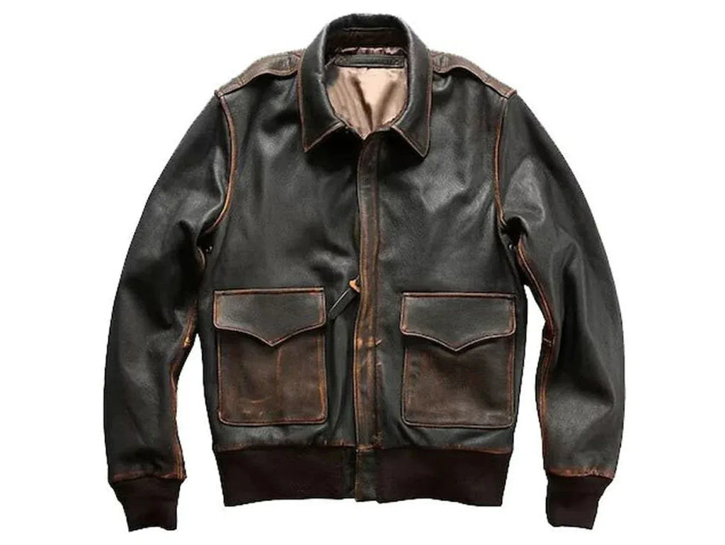 Distressed leather bomber jacket mens genuine leather black