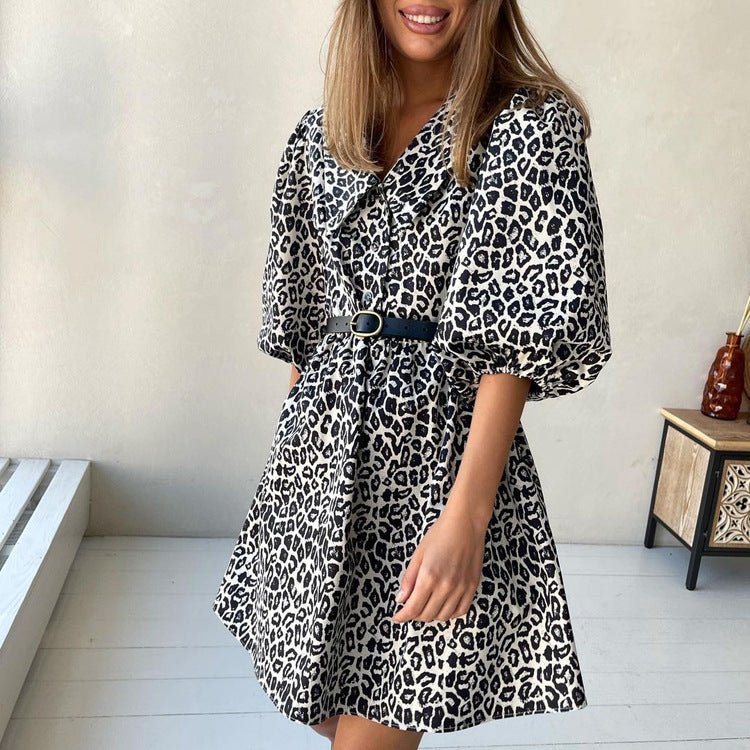 Leopard print puff sleeve a line dress