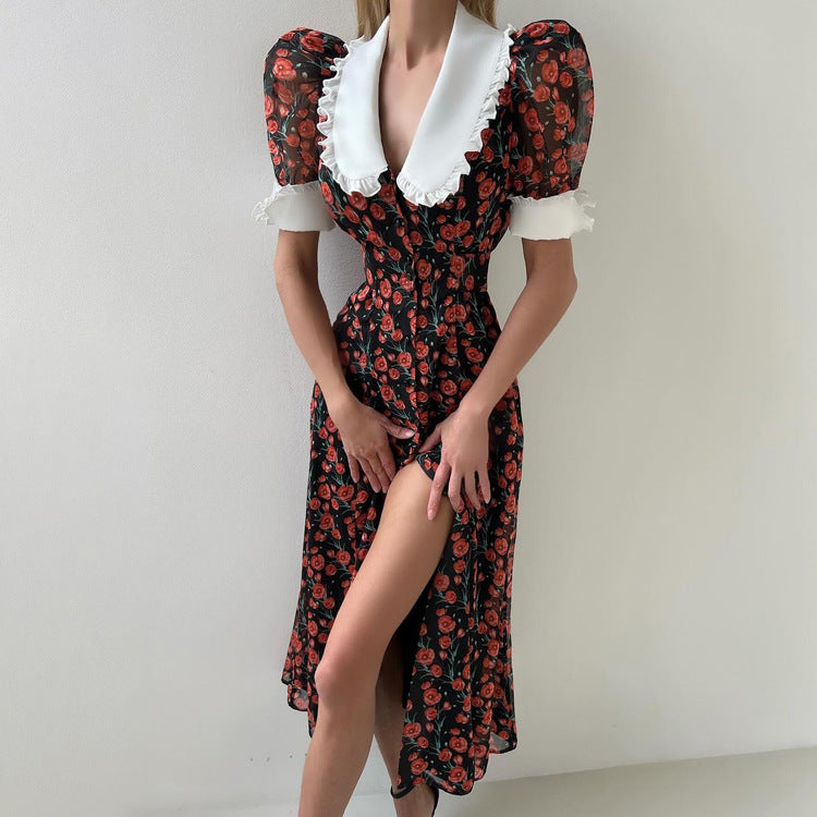 Printed doll collar autumn dress