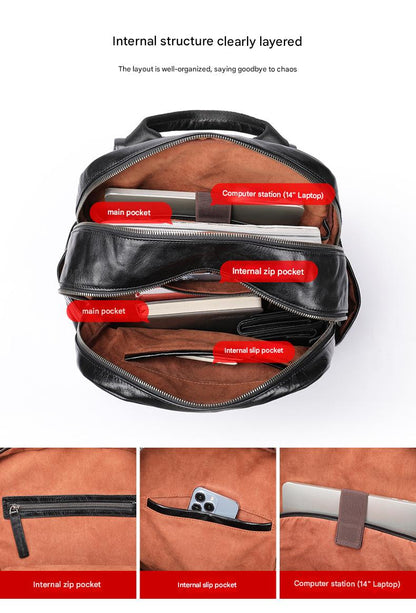 Genuine Black Leather Men’s Backpack with Trolley Sleeve