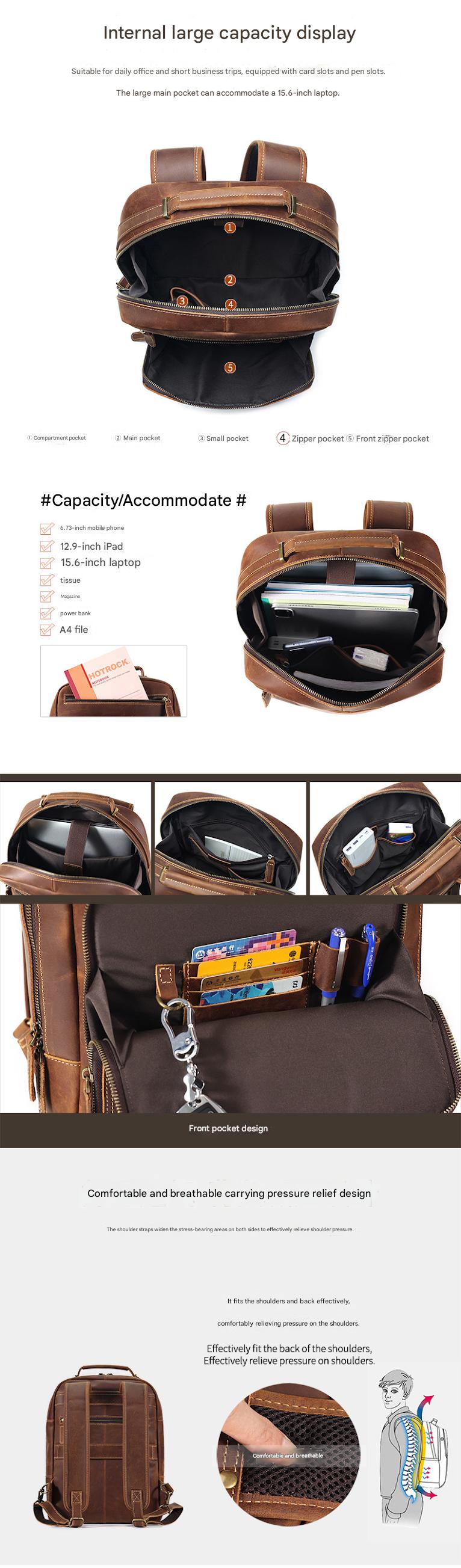 Men’s Leather Backpack with Trolley Sleeve 15.6-Inch Laptop