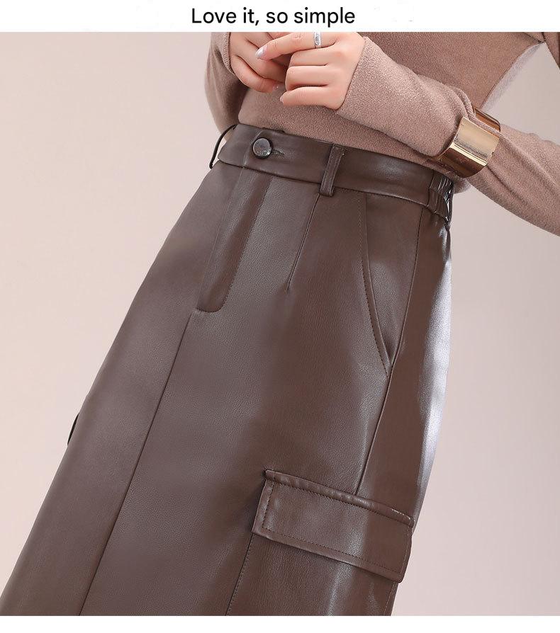 Flap Pocket Split Thigh Imitation Leather Skirt