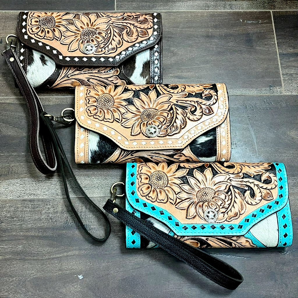 Women western tooled leather wristlet clutch