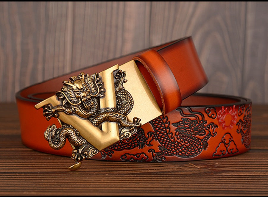 Men Dragon Leather Belt with Automatic Buckle