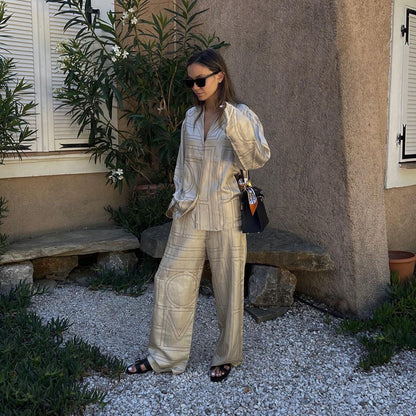 Letter print satin wide leg lounge set