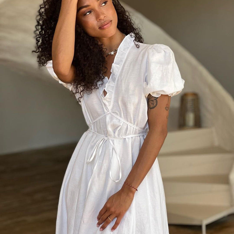 white v neck tie waist maxi dress with puff sleeves