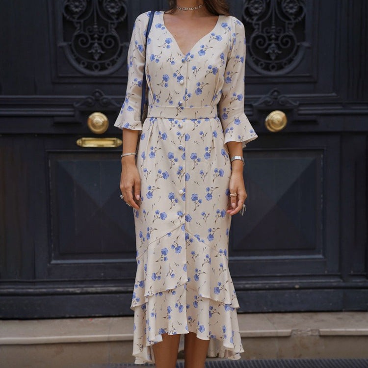 French v-neck floral midi dress for women