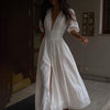 White deep v puff sleeve maxi dress