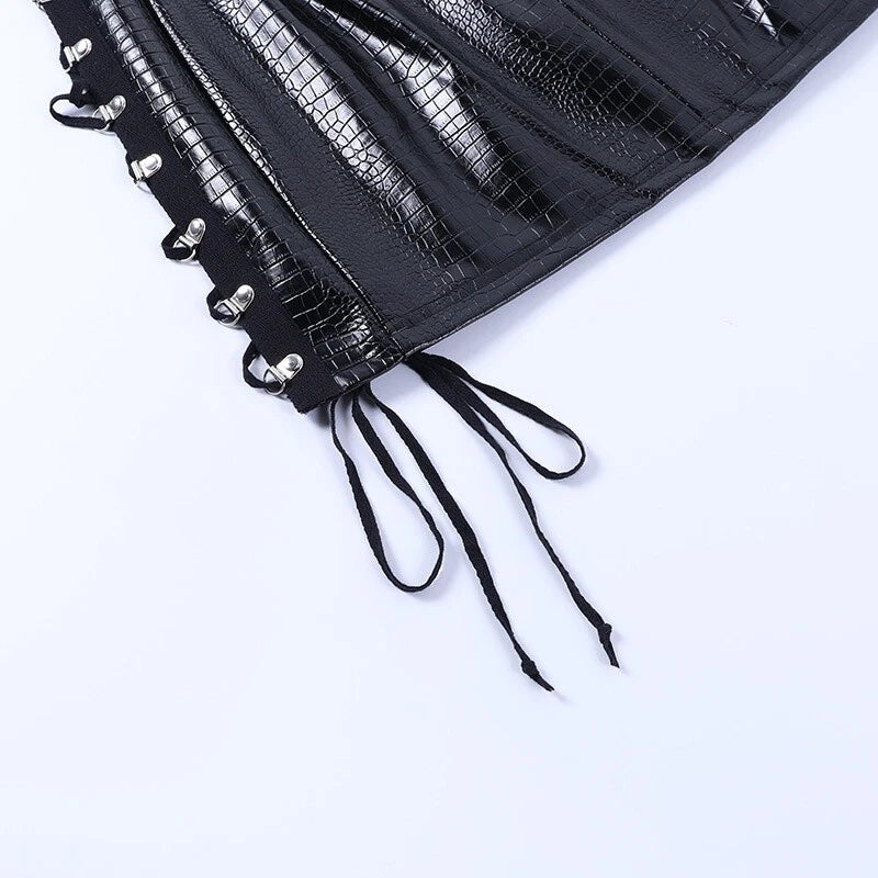 Women's black leather mini skirt with adjustable lacing