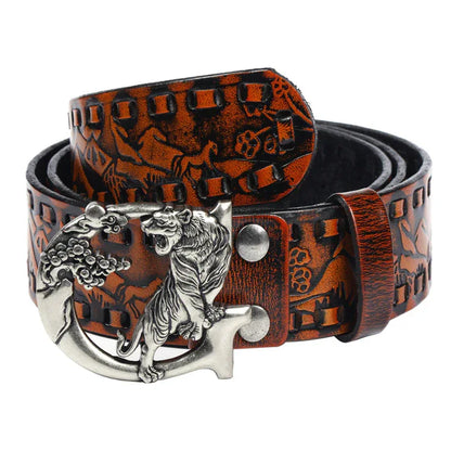 Women's Embossed Leather Belt with Tiger Buckle