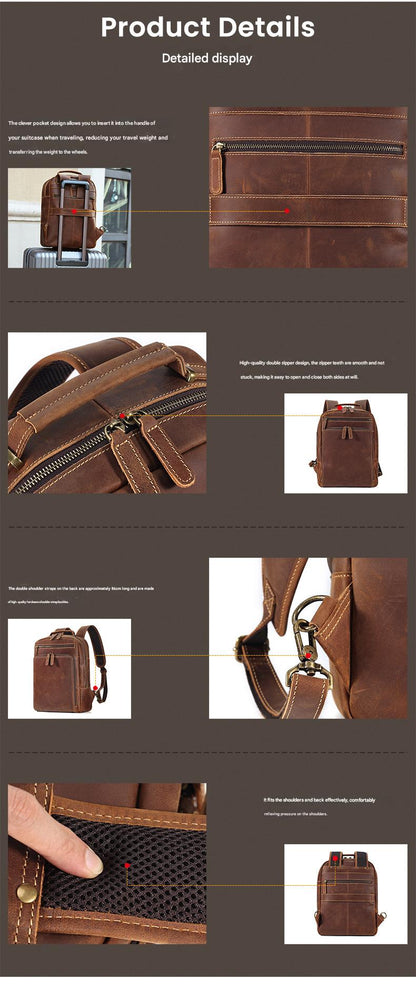 Men’s Leather Backpack with Trolley Sleeve 15.6-Inch Laptop