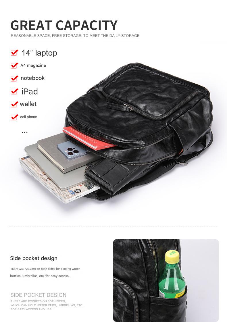 Genuine Black Leather Men’s Backpack with Trolley Sleeve