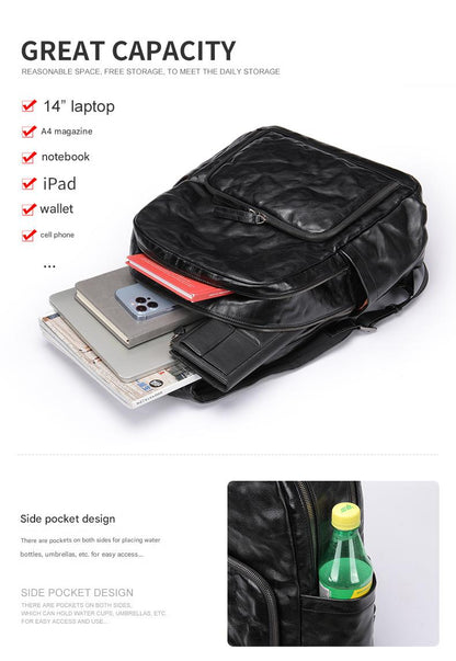 Genuine Black Leather Men’s Backpack with Trolley Sleeve