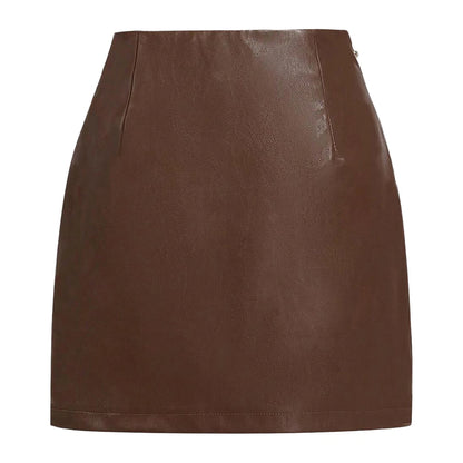 High-waisted brown faux leather bodycon pencil skirt