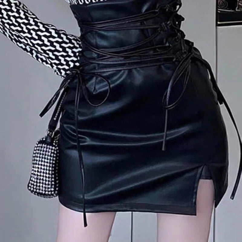 Black faux leather mini skirt bodycon high waist