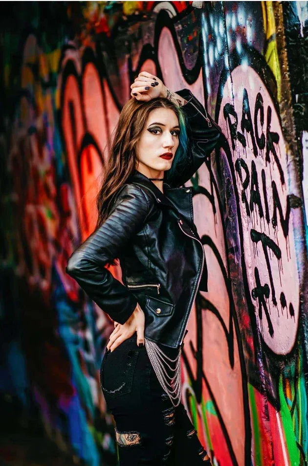 brown faux leather biker jacket women belted cropped fit