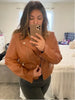 brown faux leather biker jacket women belted cropped fit