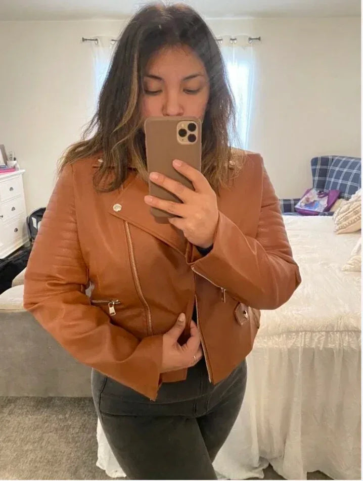 brown faux leather biker jacket women belted cropped fit