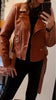 brown faux leather biker jacket women belted cropped fit