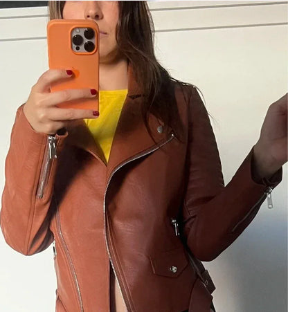 brown faux leather biker jacket women belted cropped fit