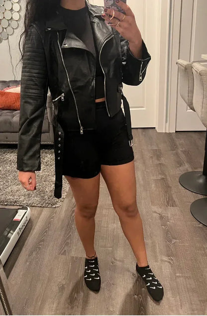brown faux leather biker jacket women belted cropped fit