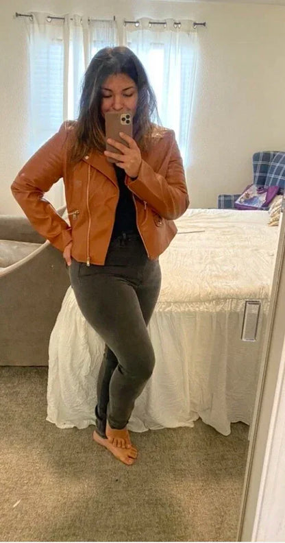 brown faux leather biker jacket women belted cropped fit
